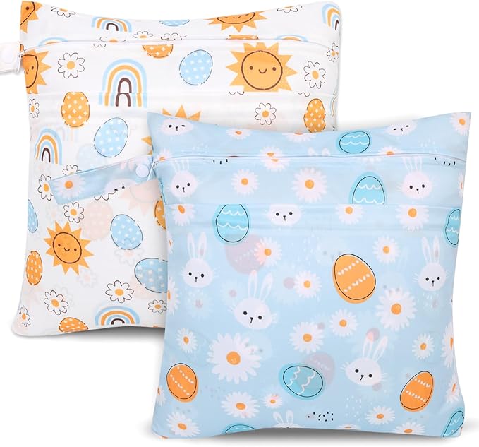 2pcs Cloth Diaper Wet Dry Bags, Waterproof Reusable Wet Bag with 2 Zipper Pockets & Handle, Washable Laundry Bags for Baby Adult Clothes Travel Beach Pool Daycare Yoga Gym Exercise Swimsuits,-CubbioJoy