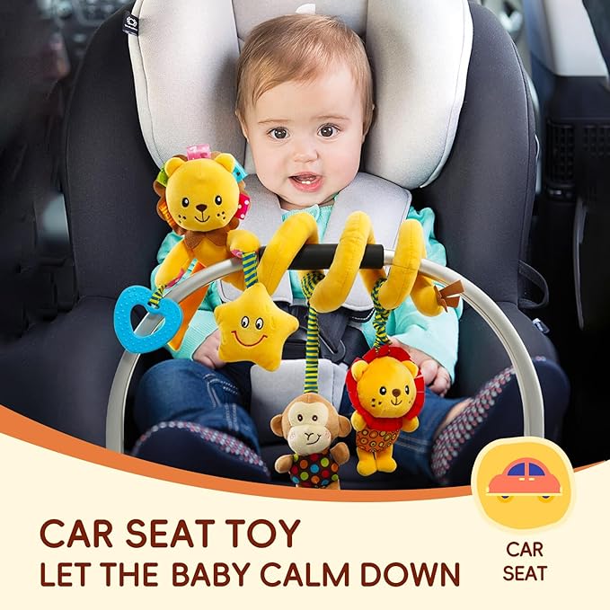 Jollybaby Crib Stroller Car Seat Toys for Baby 0-3-6-9-12 Months, Tummy Time Hanging Sensory Toys for Newborn with Music Box and Teether, Spiral Carseat Toy for Infant Boys Girls Gifts (Little Lion)-CubbioJoy