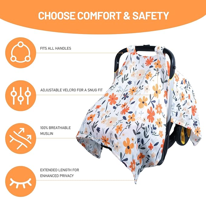 80S Muslin Car Seat Cover for Babies - Soft & Breathable Infant Carrier Canopy, Lightweight Sunshade for Summer, Universal Fit for Baby Boys & Girls-CubbioJoy