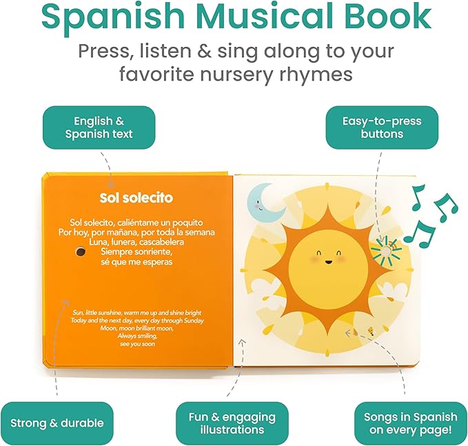 Binibi Spanish Musical Book for Toddlers Sol Solecito & Other Nursery Rhymes | Spanish Learning for Kids | Bilingual Children's Sound Book | Libro en español para bebés-CubbioJoy