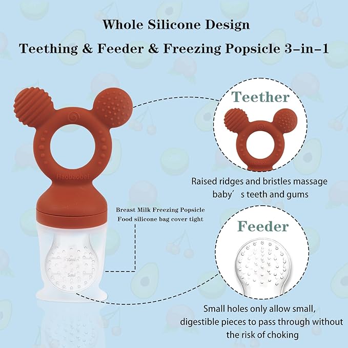 Baby Fruit Feeder, Frozen Teething Toys for Babies, Teether Pacifier with 3 Extra Teats, Eating Essentials, BPA Free Baby Feeding Supplies (Copper)-CubbioJoy