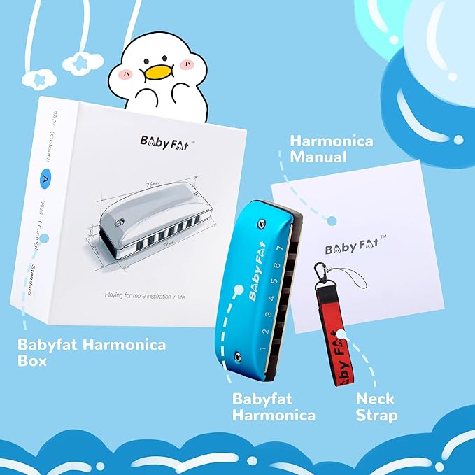 BabyFat 7 Hole Blues Mini Harmonica Set,Diatonic Harmonica with free lanyards,Gifts for Kids and Beginners,Easy-playing Musical Instrument(A Key）-CubbioJoy