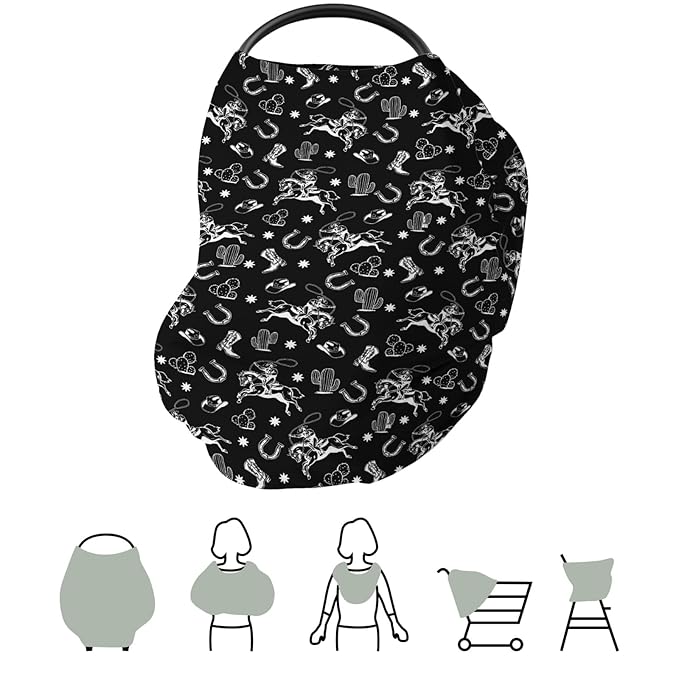 Country Western Car Seat Cover for Baby Cowboy Hat Boots Horse Cactus Stretchy 5-in-1 Covers Adjustable Car Canopy Breastfeeding Cover Wild West Desert Breathable Nursing Cover-Up-CubbioJoy