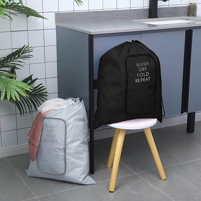 2 Pcs Travel Laundry Bag Washable Dirty Clothes Bag with Drawstring and Zipper for Suitcase, 22 x 18 Inch (Black, Gray,Classic)-CubbioJoy