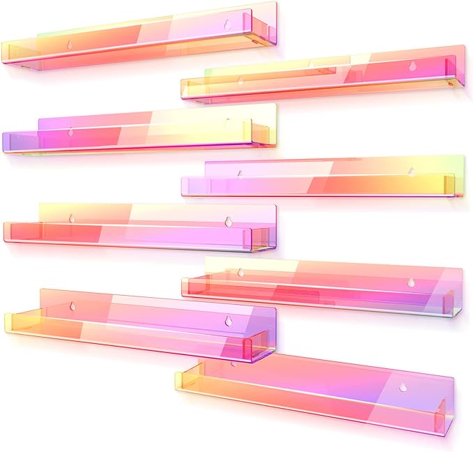 8 Pack 15 Inch Iridescent Acrylic Shelves, Clear Rainbow Kids Floating Bookshelf for Kids Room, Modern Sunglasses Essential Oil Picture Ledge Display Toy Storage Wall Shelf-CubbioJoy