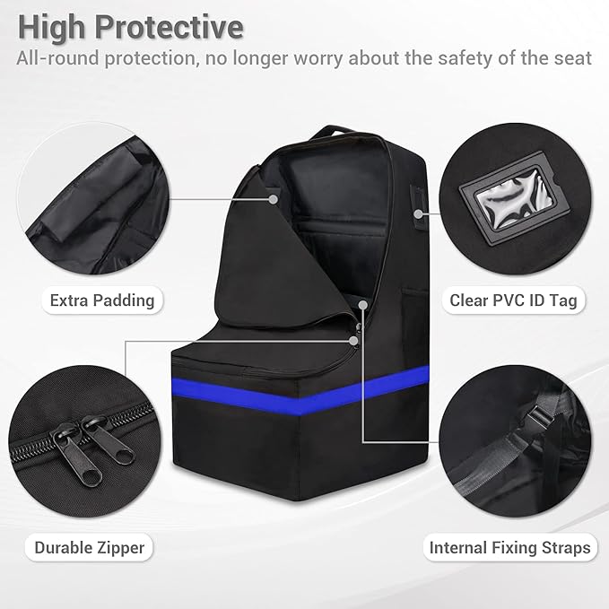 Car Seat Travel Bag - Padded, Comfortable, Durable, Roomy Gate Check Carseat Cover Backpack Fits 3-in-1，Convertible, Booster & Infant Car Seats for Airplane, Airport, Blue-CubbioJoy