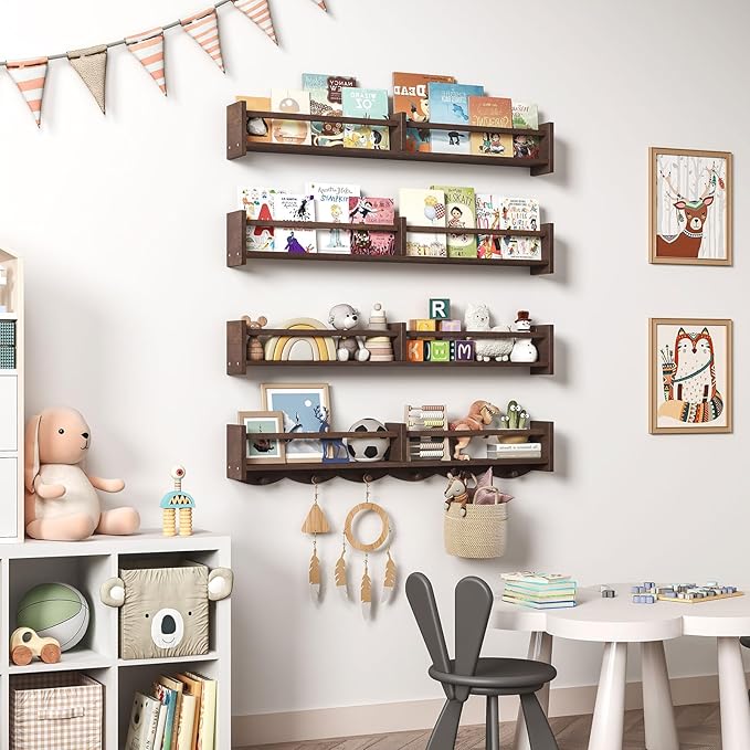 34Inch Nursery Bookshelves,Set of 4,Wall Floating Shelf Kids Coat Rack with 6Hooks,Hanging Book Shelf for Baby Nursery Room Décor (Dark Brown, 34)-CubbioJoy