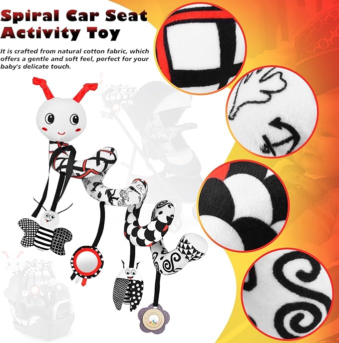 Car Seat Toys for Babies, 0-6 Months Stroller Activity Black White Baby Spiral Plush Toys Newborn High Contrast Sensory Carseat Toys with 4 Pendants Hanging Boys Girls Gift-CubbioJoy