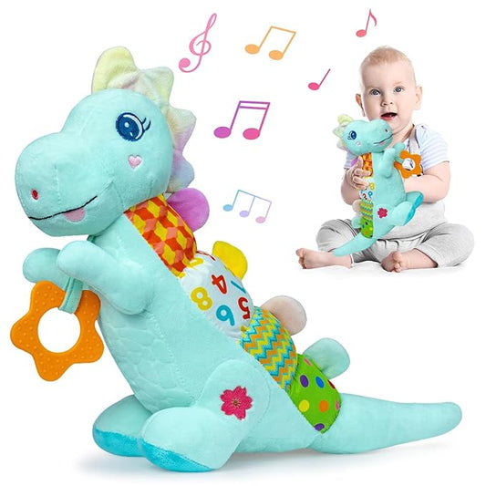 Baby Dino Plush Soft Stuffed Animal Toy for 0-3-6-12+ Months,Infant Musical Toy with Rattle,Squeaker,Sensory Crinkle,Teether & Textures,Tummy Time Toys Christmas Baby Gift for Newborn Girl Boy (Blue)-CubbioJoy