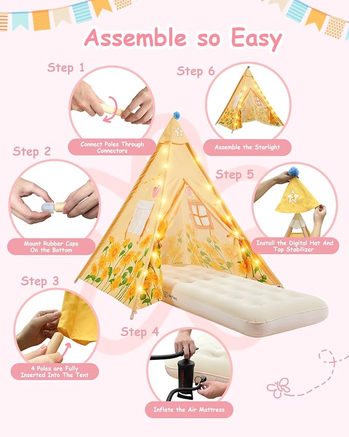 6 Pack Teepee Tent for Kids with Inflatable Airbed, Light, Toddler Tent Children Room Tents, Slumber Party Sleepover Tents, Indoor Outdoor Kids Playtent Playhouse for Girls & Boys-CubbioJoy