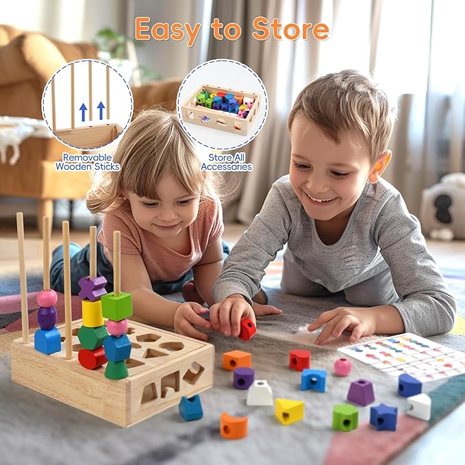 3 in 1 Wooden Color Sorting Stacking Toys, Montessori Toys Geometric Shape Sorter Matching Lacing Beads Sequencing Toy Set Preschool Learning Fine Motor Skills for Toddlers 3 4 5 Years-CubbioJoy