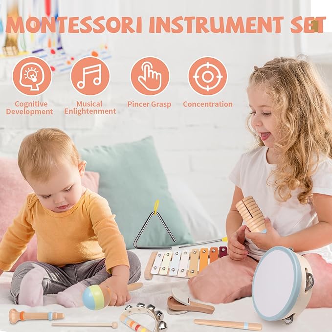 Baby Musical Instruments Set - Montessori Wooden 18 Month Old Baby Musical Toys, Toddler Percussion Instruments Xylophone Maracas Tambourine for Kids, 2 3 4 Year Old Baby Girls Boys Birthday Gifts-CubbioJoy
