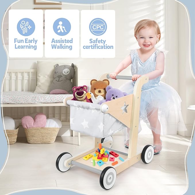Asweets 2 in 1 Wooden Baby Walker Push and Pull Doll Stroller, Shopping Cart Learning Walker for Boys and Girls, Sit Stand Learning Toddler Toy (Grey)-CubbioJoy