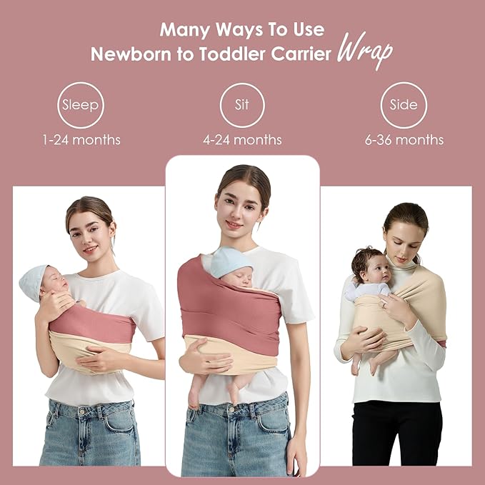 Baby Wrap Carrier, Lightweight Baby Wearing Wraps for Newborn and Infant, Soft Swaddle Holder Carrier, Cozy Baby Sling 7-35 lbs Cream+Pink-CubbioJoy