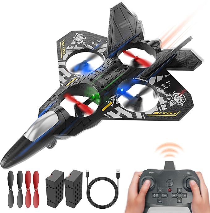 BEZGAR Drones for Kids | 2.4GHZ RC Plane, Remote Control Airplane, RC Helicopter, 360° Flip Fighter Jet Toy with Colorful LED Navigation Light Gray-CubbioJoy