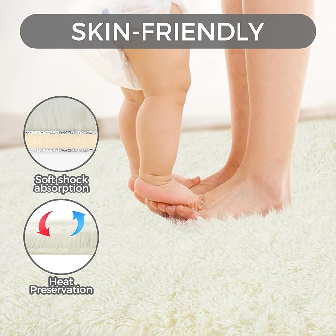 5X8 Ultra Soft Rug for Living Room, Fluffy Shag Area Rug for Bedroom, Modern Shaggy Carpets Fuzzy Rug for Teens Dorm Nursery Home Decor Aesthetic, Upgrade Anti-Skid Durable, Cream White-CubbioJoy