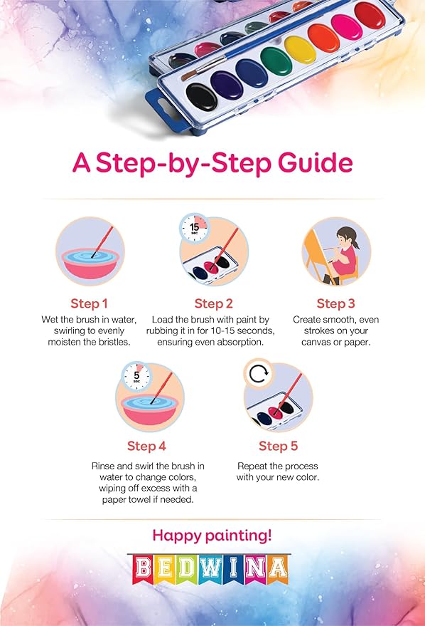 Bedwina Watercolor Paint Set- Bulk Of 24 Sets - 8 Water Color Washable Paints, Palette Tray and Painting Brush, for Art Schools and Paint Party Supplies-CubbioJoy