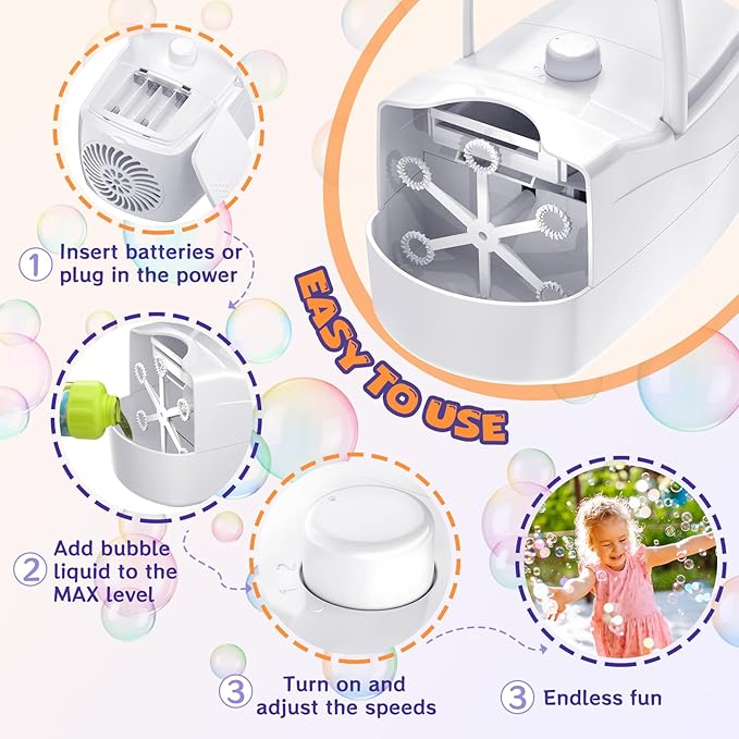 Bubble Machine, Automatic 18000+ Per Minute Big Bubbles Blower Maker for Kids Toddlers with 2 Speeds,6 Wands,Operated by Plugin or Batteries for Outdoor/Indoor Birthday Parties,Wedding (White)-CubbioJoy