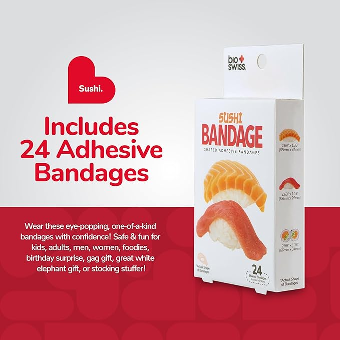 BioSwiss Bandages, Sushi Shaped Self Adhesive Bandage, Latex Free Sterile Wound Care, Fun First Aid Kit Supplies for Kids and Adults, 24 Count-CubbioJoy
