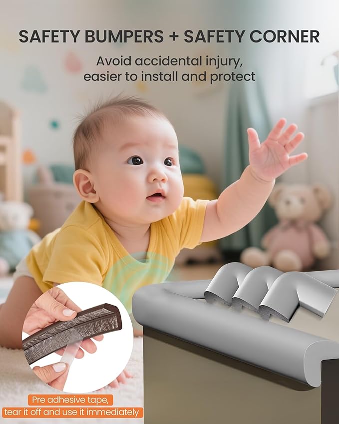 Baby Proof Edge Corner Protector, 16.4FT 0.47''Th L-Shape Furniture Corner & Edge Safety Bumpers with 10 Corners, Pre-Taped, Soft NBR Rubber Foam Desk Edge Cushion Wall Corner Protector (Grey)-CubbioJoy