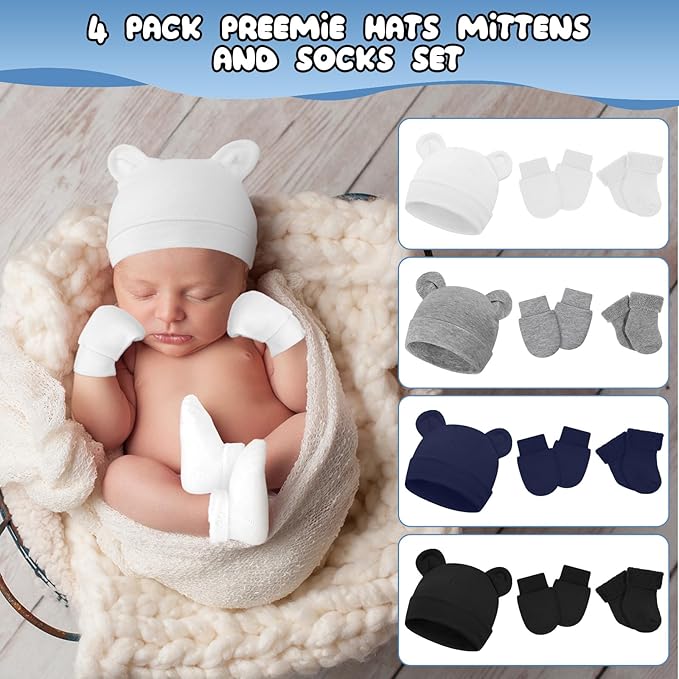Cuffbow 4 Pcs Preemie Hats Mittens and Socks Set Preemie Mittens Warm Terry Socks for Baby-CubbioJoy