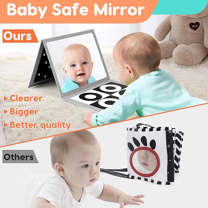 Black and White High Contrast Baby Books Flash Cards Tummy Time Mirror Toys Newborn Toys 0 6 Months Brain Development Infant Stimulating Sensory Toy 0-3 3-6 2 4 5 Months old Baby Boy Girl Shower Gifts-CubbioJoy