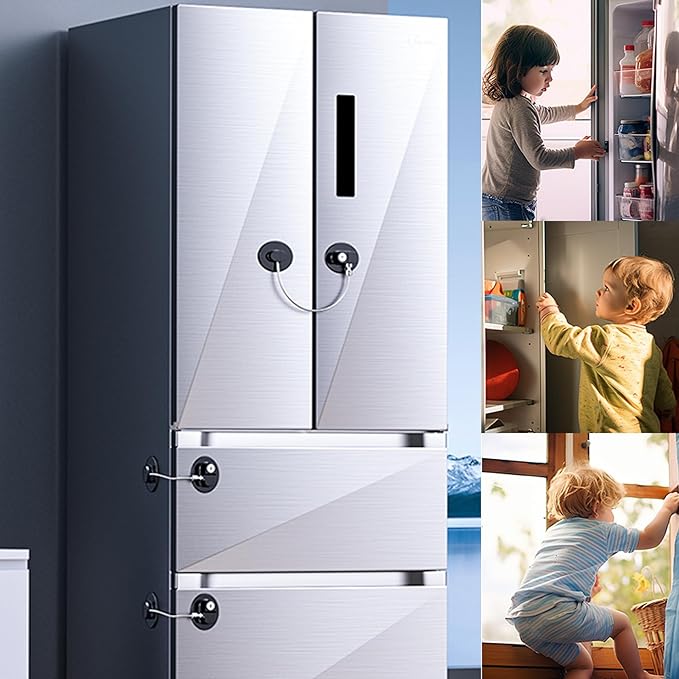 2 Pack Refrigerator Lock with Sticky Adhesive Pads, Child Proof Refrigerator/Fridge/Freezer Door Lock for Toddlers and Kids, Baby Safety Locks for RV Refrigerator, Cabinets and Drawers, Oven (Patent)-CubbioJoy