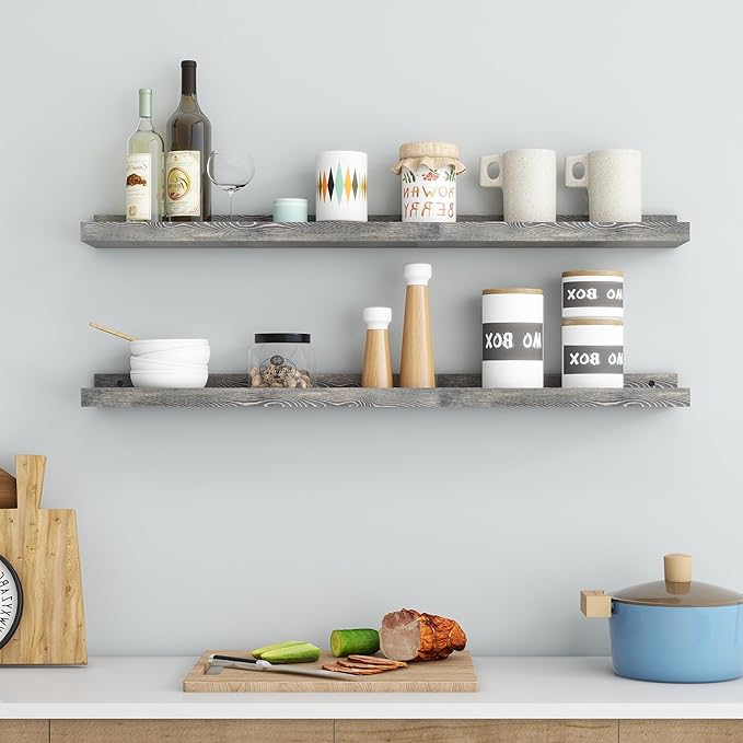 36 Inches Floating Shelves for Wall, Solid Pine Wood Picture Ledge Shelves, Wall Shelves with Lips, Nursery Book Shelves for Toys Storage Living Room Bedroom Photo Frames (2 Pcs, Grey)-CubbioJoy