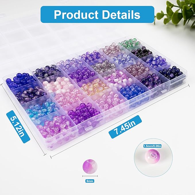 About 1200PCS 6mm Crack Glass Beads,24 Assorted Crack Violet Purple Series Colorful Crystal Beads for Bracelet and Jewelry Making and DIY Crafts,Friendship Bracelets-CubbioJoy