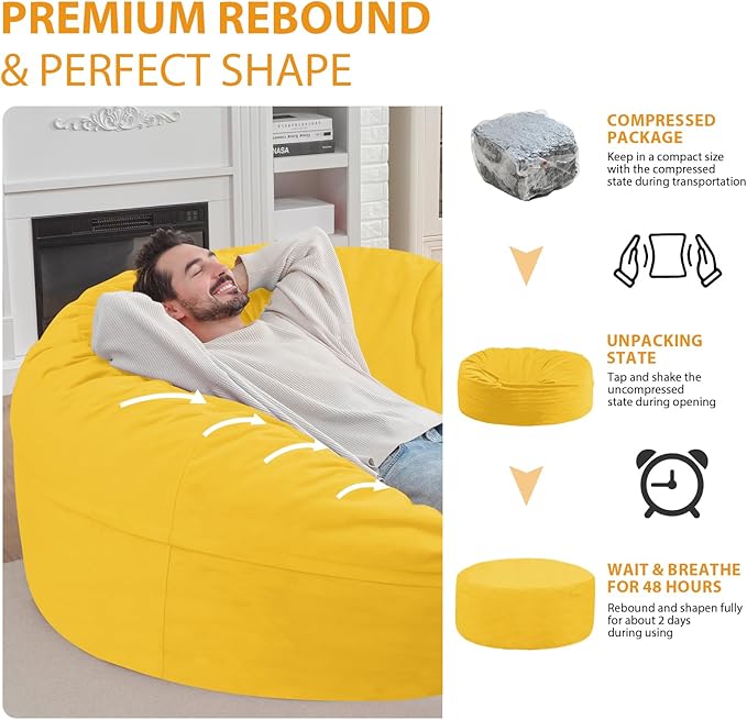 6FT Bean Bag Chair, Large Bean Bag Chairs with Memory Foam Filled, Fluffy Beanbag Sofa with Dutch Velvet Cover, Round BeanBag Chairs for Living Room, Playroom - Lemon-CubbioJoy