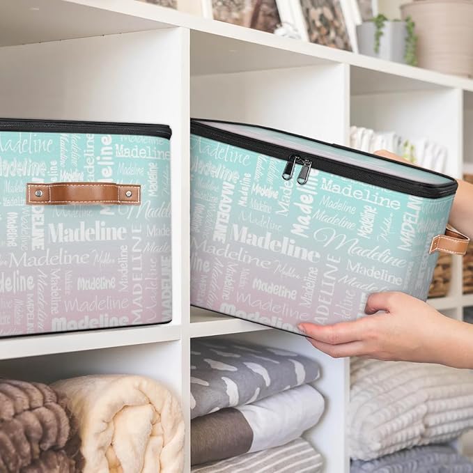 Custom Storage Basket with Name, Personalized Storage Bins with Zipper Lid, Foldable Fabric Storage Box Large capacity with Handle Green Pink-CubbioJoy