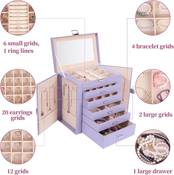 BOOVO Jewelry Box For women, 6 Layer Large Jewelry Organizer With Mirror, Multi-Function Storage Box With Lock, Accessory Holder With 5 Drawers, For Earrings Necklace Ring Bracelet (Purple)-CubbioJoy