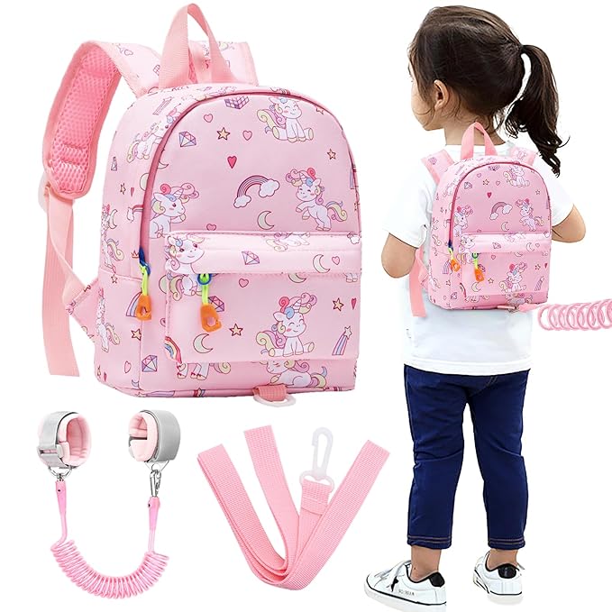 Accmor Toddler Backpack Leash with Anti Lost Wrist Link, Cute Mini Child Walking Harnesses Keep Kids Close Back Pack Rope Tether Rein for Baby Boys (Pink/Unicorn)-CubbioJoy