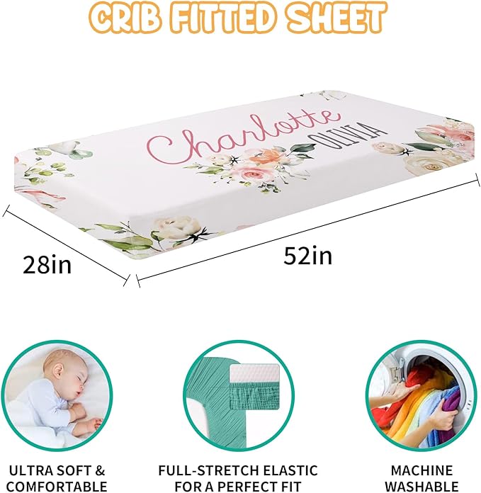 Custom Crib Bedding Set - Highland Cow Design Personalized Name Baby Nursery Bed 3 Pcs Set - Chic Soft Blanket with Dotted Backing, Sheet, Pillowcase for Newborn Girls Boys Gifts Color02-CubbioJoy