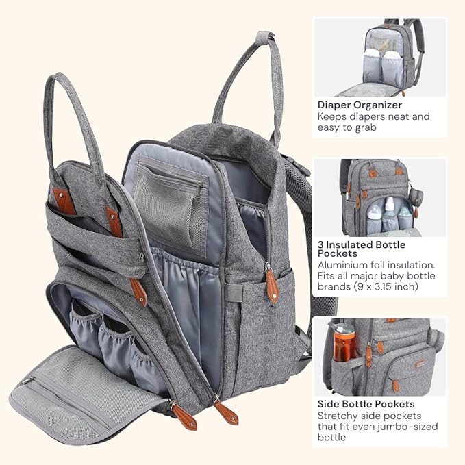 BabbleRoo Diaper Bag Backpack - Baby Essentials Travel Tote - Multi Function Waterproof Diaper Bag, Travel Essentials Baby Bag with Changing Pad, Stroller Straps & Pacifier Case - Unisex, Light Gray-CubbioJoy