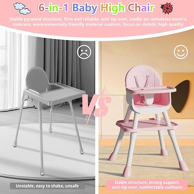 6 in 1 Baby High Chair for Babies and Toddlers, Booster Seat, Kids Learning Table & Chair (Pink)-CubbioJoy