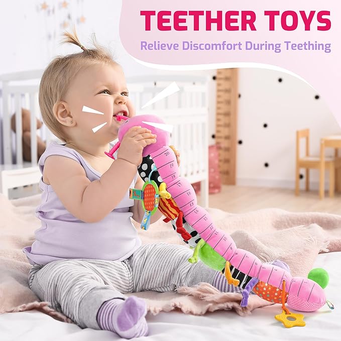 Sumobaby Baby Toys 0-6 6-12 Months,Music Caterpillar Plush Toy with Baby Mirror, Pull String&Crinkle Rattle,Infant Sensory Toys,Tummy Time for 0-3-6-12 Month Boys Girls Newborn Gifts (Pink-Branch)-CubbioJoy