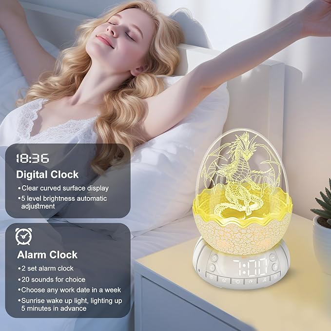 Dragon Egg Alarm Clock with Sunrise Simulation, Wireless Bluetooth Speaker, Portable Touch Control Dragon Egg Night Light, 20 Soothing Sounds, Unique Gift for Kids Adults, Home Desk Decor-CubbioJoy