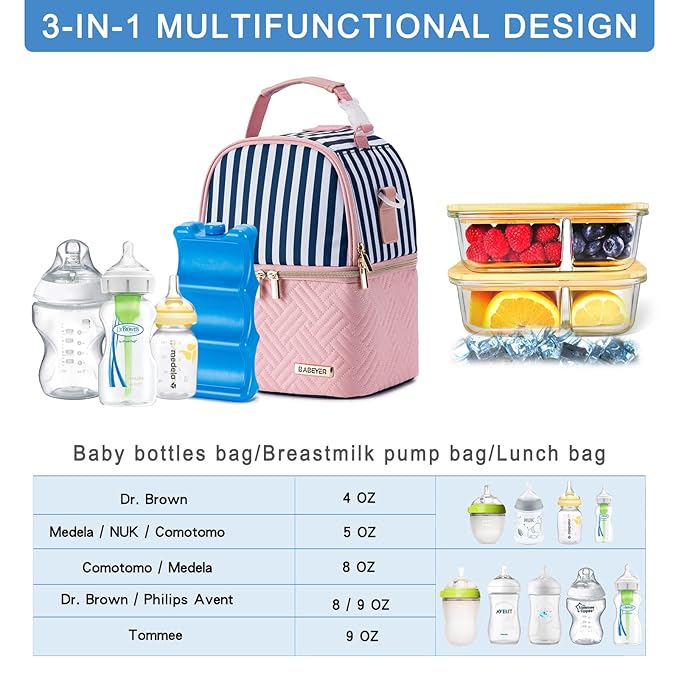Breastmilk Cooler Bag with Ice Pack Fits 6 Baby Bottles up to 9 Ounce, Breast Milk Pump Cooler Bag with Shoulder Strap for Nursing Mom Daycare, Work, Travel- Straps-CubbioJoy