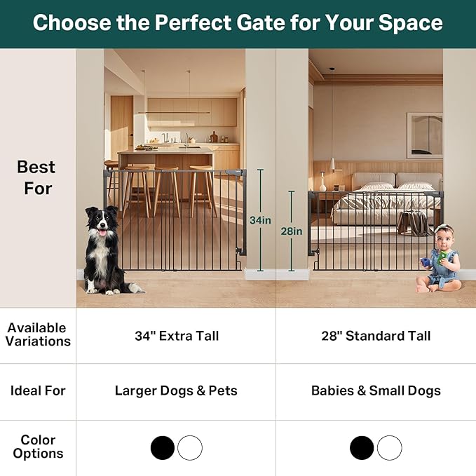 Cumbor 34" Extra Tall No Bottom Bar Baby Gate for Stairs, Auto Close Dog Gate Indoor for Larger Pets, 31.6-48" Hardware Mounted Safety Gate for Doorways, Wide Walk Thru Door for Easy Access (Black)-CubbioJoy