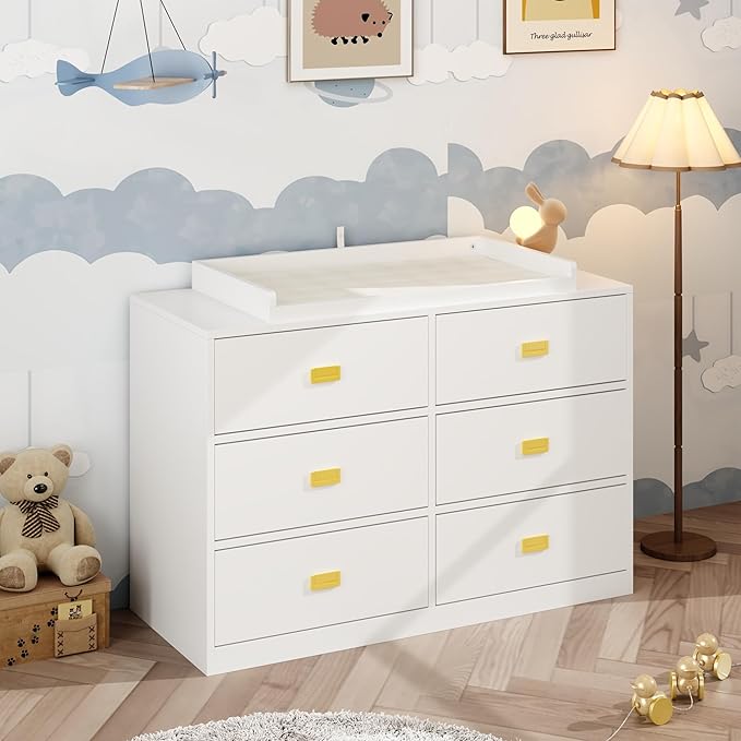6 Drawer Baby Dresser, Nursery Dresser with Changing Topper, Long Cabinet for Infant Cloth Organize, Changing Station for Nursery and Kids Bedroom Storage, White (45.3" W x 18.9" D x 30.1" H)-CubbioJoy