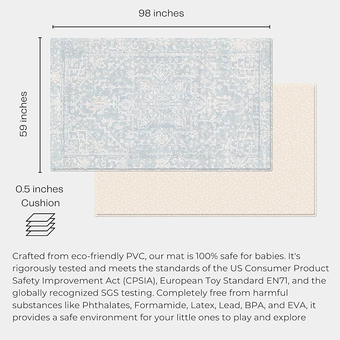 Baby Care Soft Rug (Prestige, Ikat - Inca Blue) 98'' x 59'' Original One-Piece Reversible Rollable Waterproof Play Mat for Infants, Babies, Toddler, and Kids-CubbioJoy