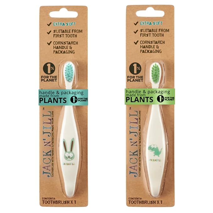 Jack N' Jill Kids Toothbrush - Extra Soft Bristle Toothbrush for Kids, Handle & Packaging Made from Plants (Corn), Ergonomic Handle for Little Hands - Dino & Bunny (2 Pack)-CubbioJoy