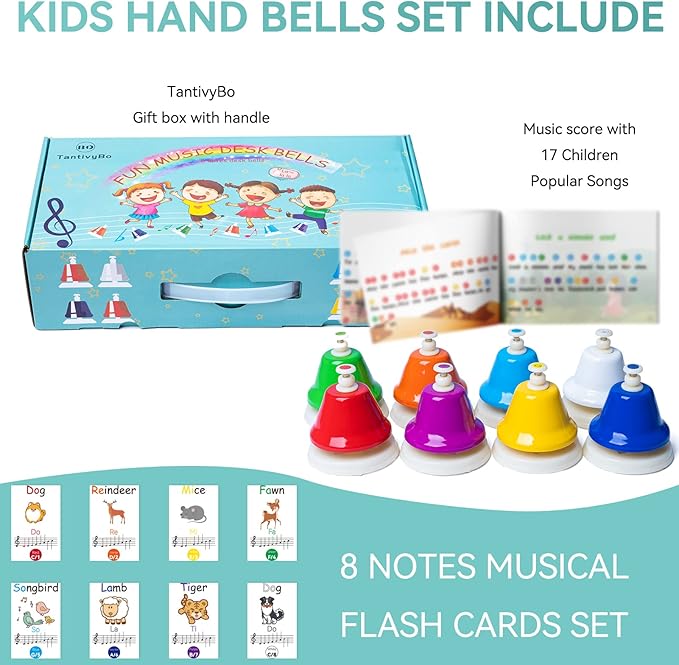 Desk Bells, Rainbow Diatonic Hand Bells for Kids with 17 Songbook & Musical Flash Cards, Toddler Preschool Musical Learning Toys, Boys & Girls Birthday Gift for 3-Year-Old and Over-CubbioJoy