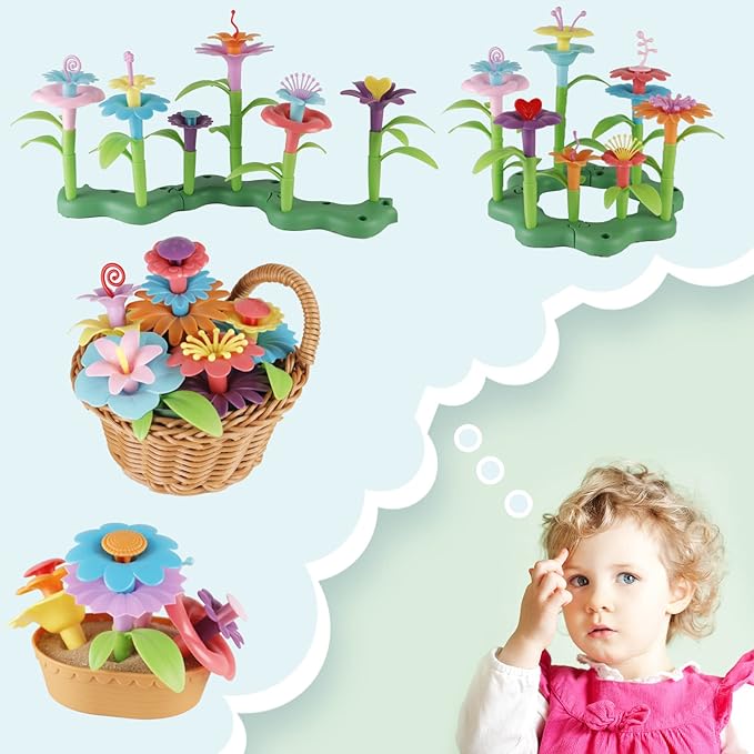 BIRANCO. Flower Garden Building Toys - Build a Bouquet Floral Arrangement Playset for Toddlers and Kids Gifts Age 3, 4, 5, 6 Year Old Girls, Educational STEM Toy (120 PCS)-CubbioJoy