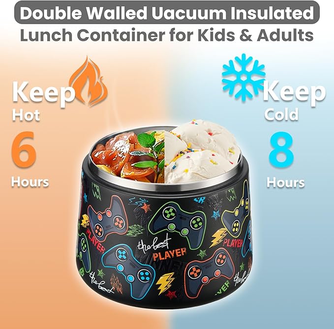 14oz Insulated Vacuum Food Jar with Buckle Lid,Soup Thermo for Hot Food Kids,Wide Mouth Leakproof Stainless Steel Lunch Container with Spoon-Black Game-CubbioJoy