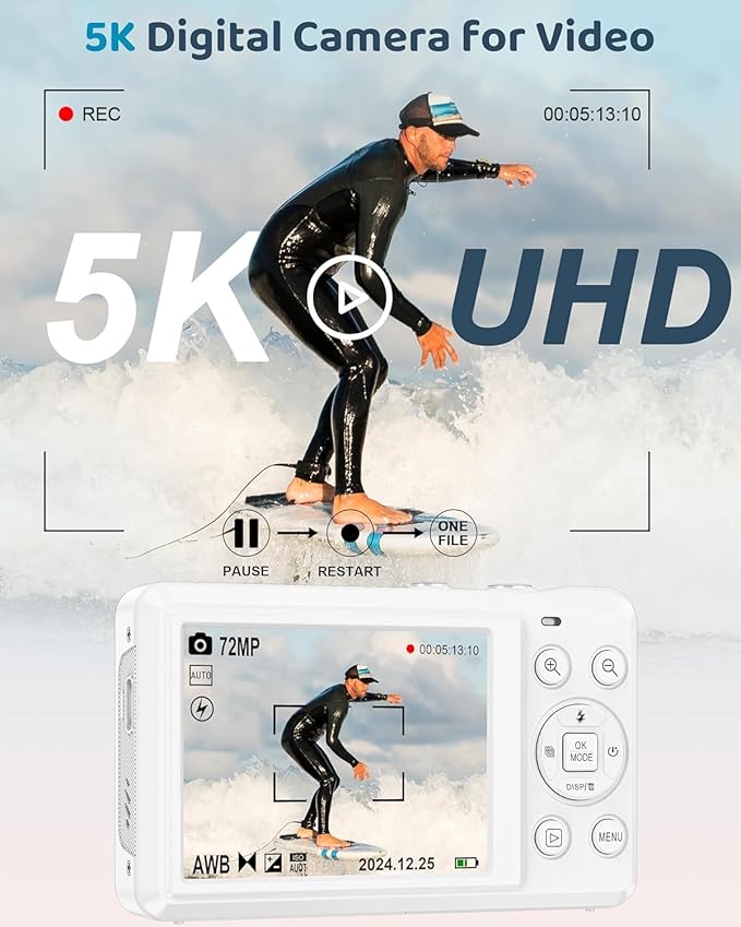 5K Digital Camera - 72MP UHD Digital Cameras for Photography - Autofocus Point and Shoot Small Camera with Flash for Kids - 2.8 Inch Screen Compact Portable Vlogging Camara with 16X Zoom, 32GB SD Card-CubbioJoy