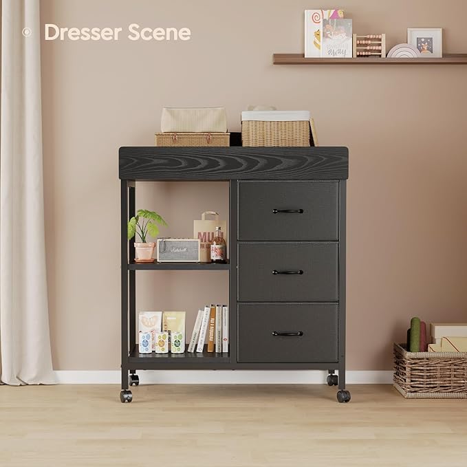 Changing Table Dresser, Baby Dresser with 3 Fabric Drawers and 2 Shelves, Multi-Functional Baby Changing Table with Pad, Classic Nursery Dresser, Diaper Changing Station for Nursery, Black-CubbioJoy