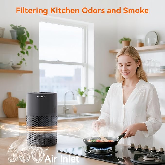 AIRROMI Pets Air Purifier for Home Allergies,Up to 660 ft².Yellow Deodorizing Activated Carbon Filter,With Fragrance Sponge for Better Sleep,Night Light,Pet Dander,Smoke,Odors,Air Cleaner A2002 Black-CubbioJoy