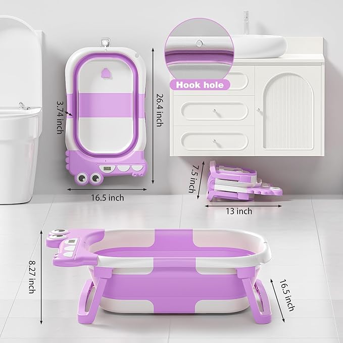 Collapsible Baby Bathtub for Newborn, Foldable Baby Bath Tub with Thermometer & Soft Floating Cushion & Drain Hole, Portable Travel Infant Bath Tubs for Newborns to Toddlers 0-36 Months Girls-CubbioJoy